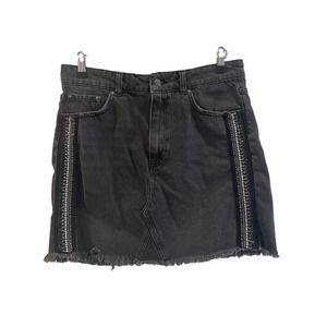 Free People Skirt Womens Size 12 Black Denim Embellished Strip Mini Raw Hem